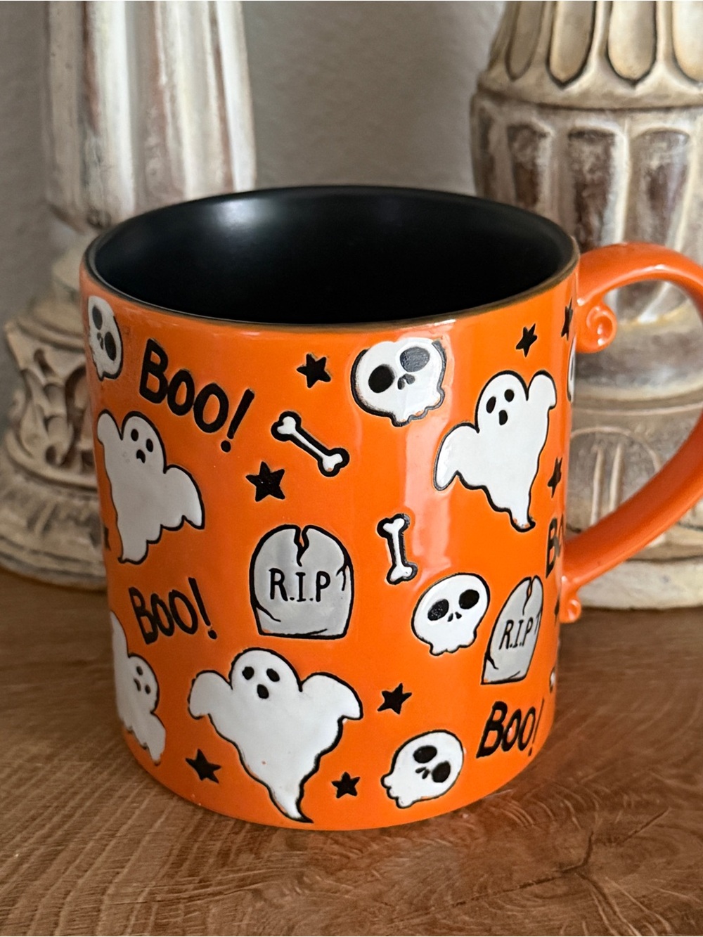 Orange Halloween Ghost Ceramic Mug with Black Interior